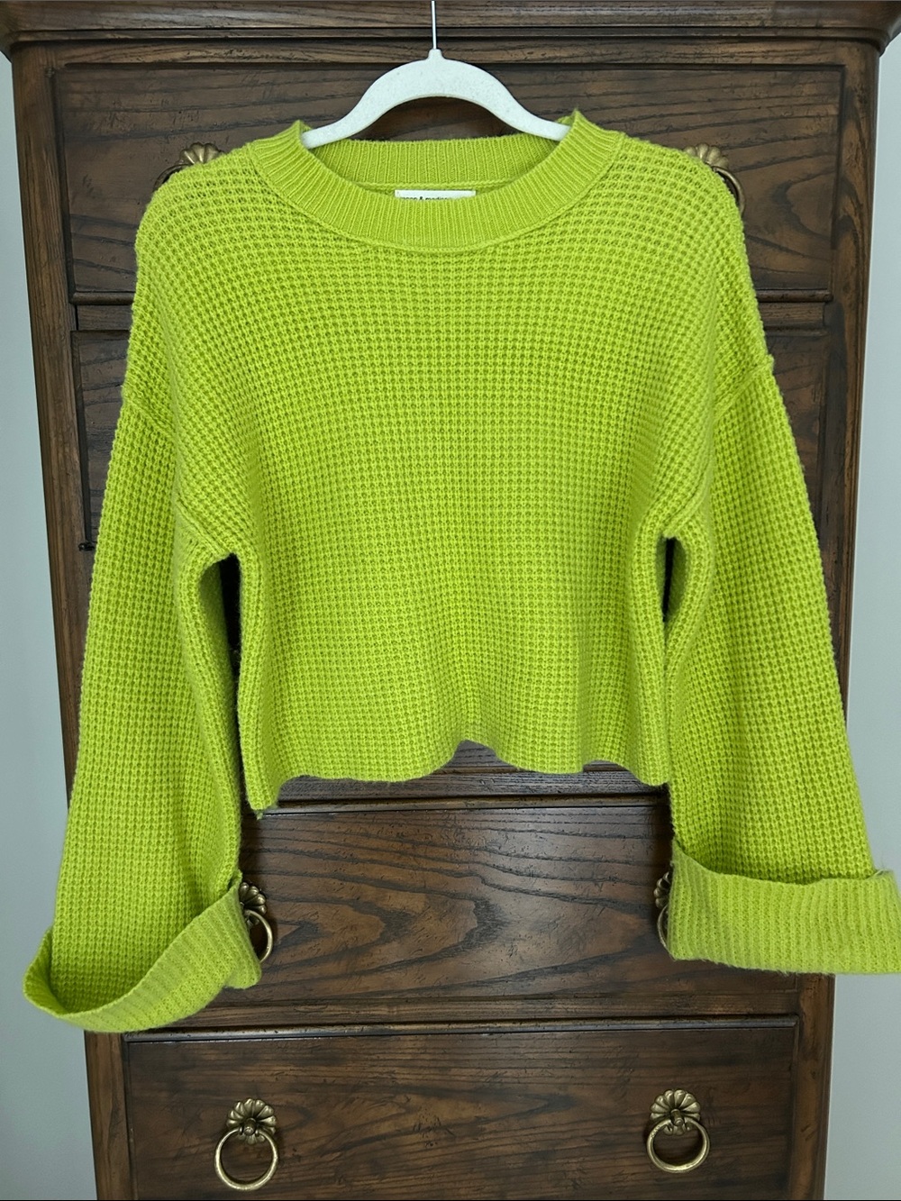 moon & madison Bright Lime Green Waffle-Knit Cropped Crewneck Sweater, Size S